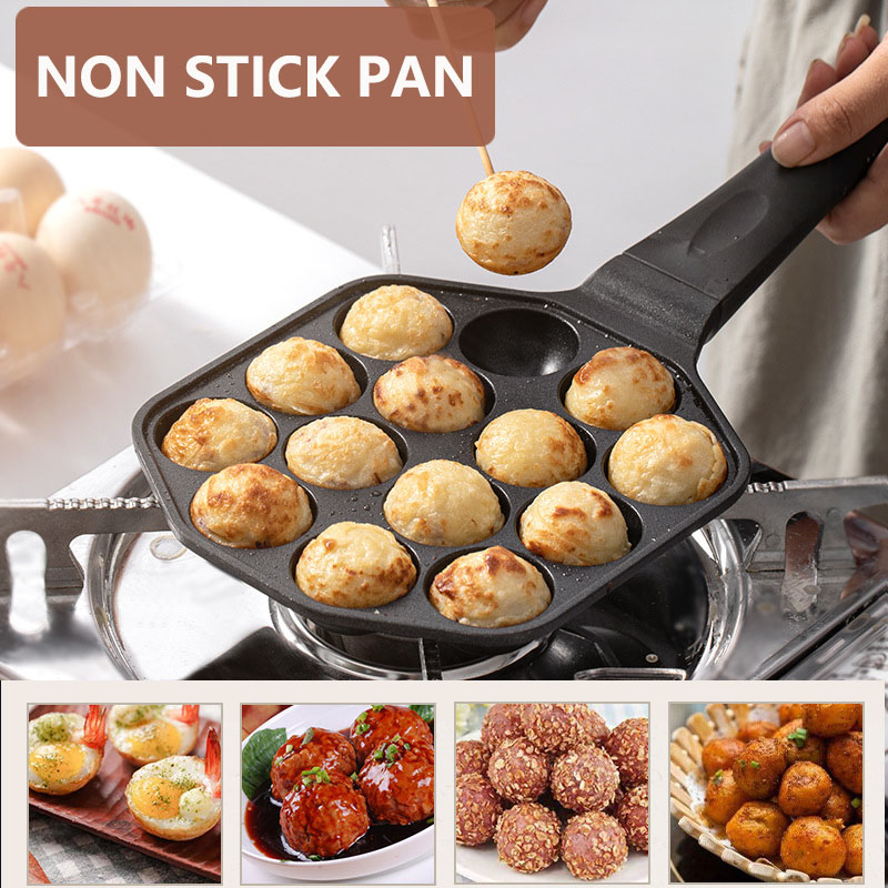 Takoyaki Pan Cast - 12/14 delik Takoyaki tava ahşap sap